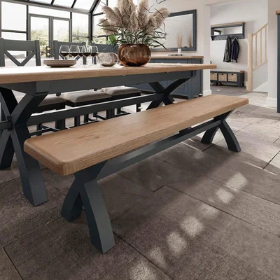 Chiltern Oak Furniture Wessex Smoked Oak Blue Painted 2.0m Cross Leg Bench