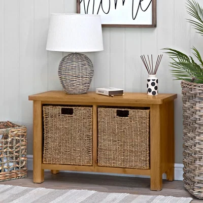 Chiltern Oak Furniture Rutland Oak Hall Bench with Wicker Baskets