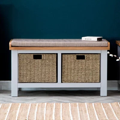 Chiltern Oak Furniture Salisbury Grey Painted Oak Hall Bench with Wicker Baskets
