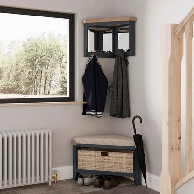 Chiltern Oak Furniture Wessex Smoked Oak Blue Painted Corner Hall Bench with Wicker Basket