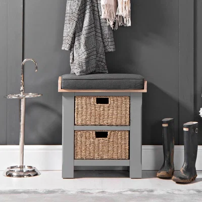 Chiltern Oak Furniture Dorset Storm Grey Painted Oak Small Hall Bench with Wicker Baskets