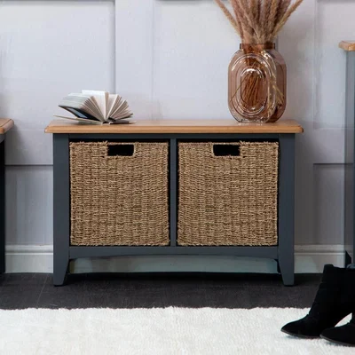 Chiltern Oak Furniture Gloucester Midnight Grey Painted Hall Bench with Wicker Baskets