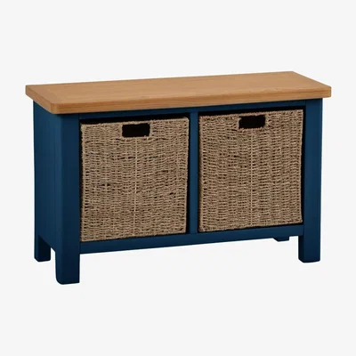 Chiltern Oak Furniture Rutland Blue Painted Oak Hall Bench with Wicker Baskets