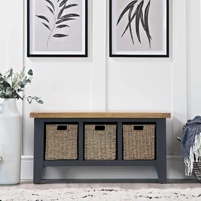 Chiltern Oak Furniture Suffolk Midnight Grey Painted Oak Large Hall Bench with Wicker Baskets