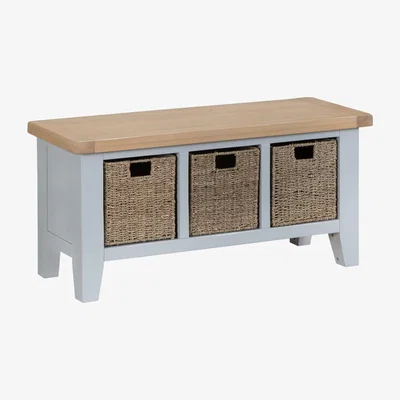 Chiltern Oak Furniture Suffolk Grey Painted Oak Large Hall Bench with Wicker Baskets