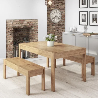 Furniture123 Solid Pine Dining Table with 2 Matching Dining Benches- Seats 4 - Emerson