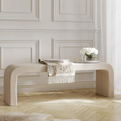 Furniture123 Large Beige Boucle Curved Hallway Bench - 152cm - Seats 2 - Ren