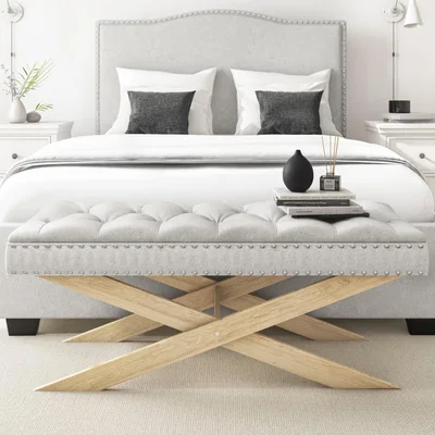 Furniture123 Wooden End-of-Bed Bench Upholstered in Light Grey Fabric - Maeva
