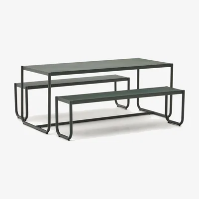 Kave Home Sotil Set of 2 Benches and Galvanized Steel Table with Green Finish 183 x 83 cm