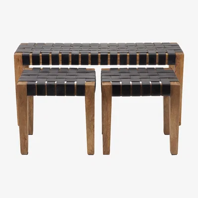 Olivia's Olivia's Set of 3 Cleo Black Woven Leather and Wood Bench and Stools