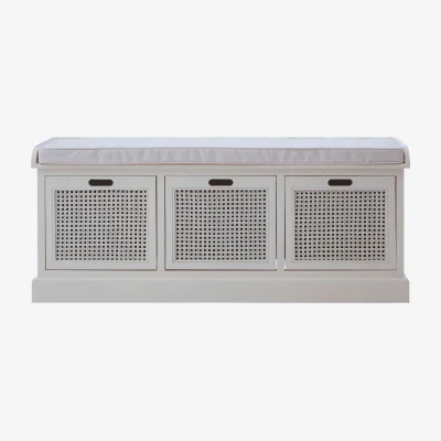 Pagazzi Heritage Wooden and Rattan 3 Drawer Storage Bench with Grey Cushion