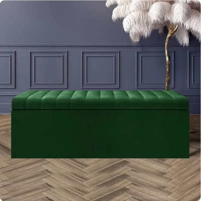 The Range 180cm Safar Ottoman Storage Box, Plush Velvet Striped Upholstered End of Bed Bench, Black - Forest Green Plush Velvet