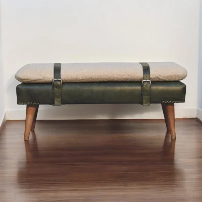 The Range Solid Wood Bouclé Buffalo Hide Olive Green Leather Bench - Brown & Green