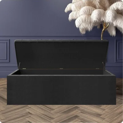 The Range Safar Ottoman Storage Box, Plush Velvet Striped Upholstered Blanket Chest, End of Bed Bench - Black Plush Velvet