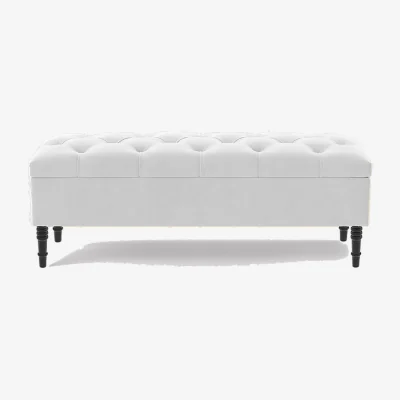 The Range 137cm Chesterfield Ottoman Storage Bench, Duck Egg Tufted Upholstered Velvet Ottoman Footstool - White Plush Velvet