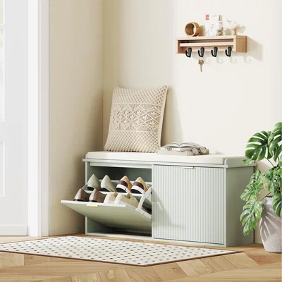 The Range HOMCOM Shoe Bench with Padded Seat and Flip Drawer - Green / 104cm
