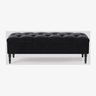 The Range 150cm Chesterfield Ottoman Storage Bench, Steel Grey Tufted Upholstered Velvet Ottoman Footstool - Black Plush Velvet