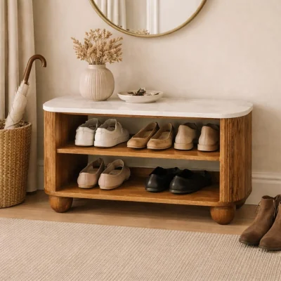 The Range Solid Wood Beaumont Marble Shoe Bench - Brown