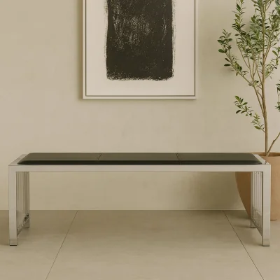 The Range Novara Black Leather Bench with Stainless Steel Frame - Black