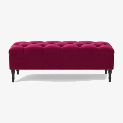 The Range 137cm Chesterfield Ottoman Storage Bench, Duck Egg Tufted Upholstered Velvet Ottoman Footstool - Red Plush Velvet
