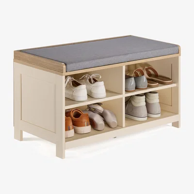 The Range Shoe Storage Bench with Padded Seat and 4 Storage Shelves - Cream