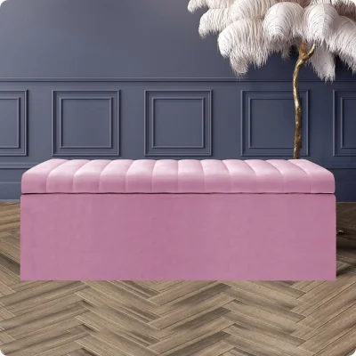 The Range 180cm Safar Ottoman Storage Box, Plush Velvet Striped Upholstered End of Bed Bench, Black - Pink Plush Velvet