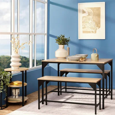 The Range Kitchen Table Set Bolton Inc. 1 Table 2 Benches - Industrial Wood Light, Oak Sonoma