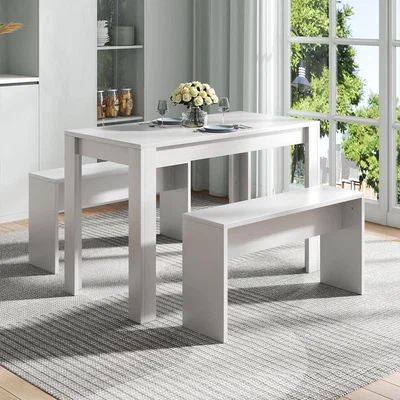The Range Modern Dining Room Table and Benches Set - white