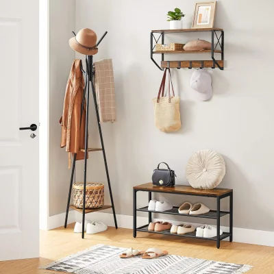 The Range Shoe Storage Bench with Seating Cushion and Mesh Shelving, Industrial Entryway Rack - Rustic Brown and Black
