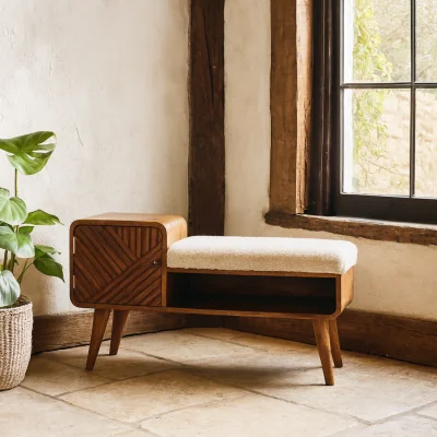 The Range Todi Boucle Telephone Bench Carved Mango Wood Handwoven Cotton - Brown