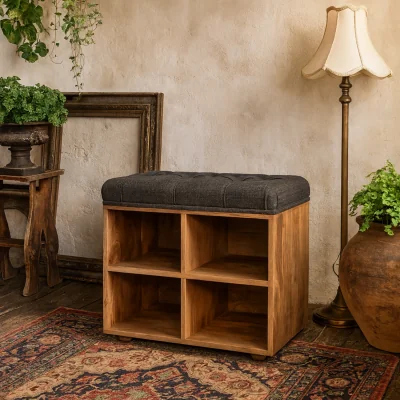 The Range Venzone Small Mango Wood Shoe Bench with Tweed Seat - Brown