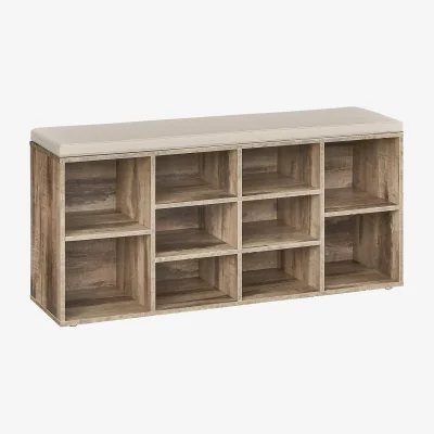 The Range Shoe Storage Bench with Cushion Top, 10 Compartments and Adjustable Shelving - Camel Brown