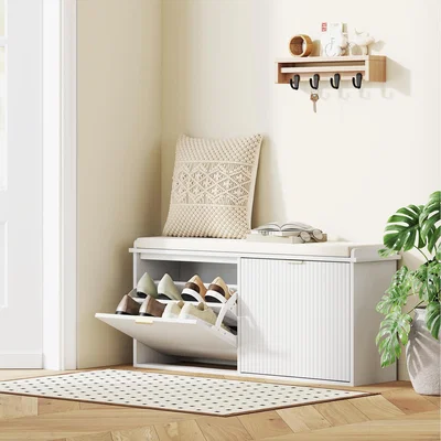 The Range HOMCOM Shoe Bench with Padded Seat and Flip Drawer - White / 104cm