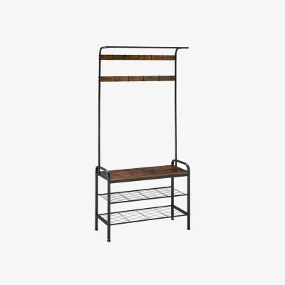 The Range Coat Stand, Shoe Rack, Bench Seat, Hooks - Industrial Wood Dark / 85.5cm
