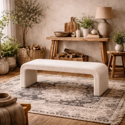 The Range Palermo Curved Ivory Boucle Hallway Bench - Beige