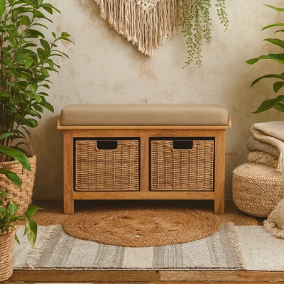 The Range Florence mango wood bench with linen seat and removable rattan baskets - Brown