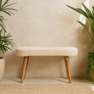 The Range Kampong Boucle Bench with Solid Mango Wood Legs - Beige