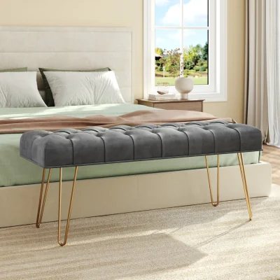 The Range Buttoned Tufted Velvet Bench With Gold Hairpin Legs - Grey