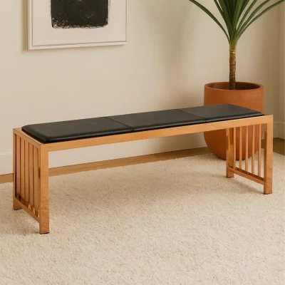 The Range Novara Black Leather and Rose Gold Finish Bench - Gold
