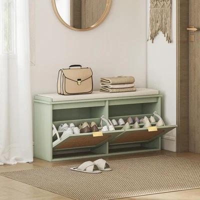 The Range HOMCOM Boho Shoe Bench with Padded Seat and Flip-Drawer - Green / 104cm