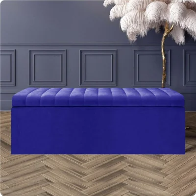 The Range Safar Ottoman Storage Box, Plush Velvet Striped Upholstered Blanket Chest, End of Bed Bench - Sapphire Blue Plush Velvet