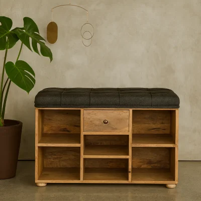 The Range Palermo Mango Wood Shoe Bench with Tweed Seat and Drawer - Black