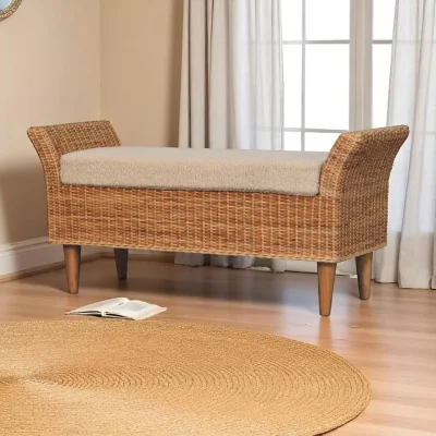 The Range Solid Wood Riviera Woven Bench Cream boucle seat - Brown & Cream