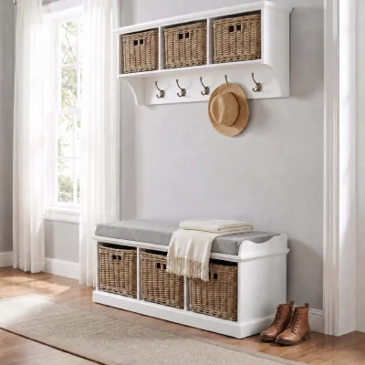 The Range Tetbury Hallway Storage Bench and Hanging Shelf Set with Coat Rack - white