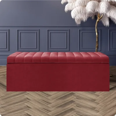 The Range 180cm Safar Ottoman Storage Box, Plush Velvet Striped Upholstered End of Bed Bench, Black - Red Plush Velvet