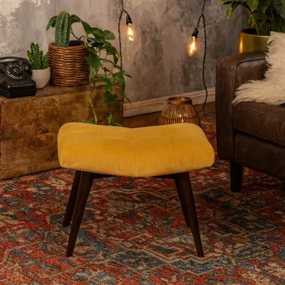 The Range Varenna Mustard Cotton Velvet Curved Bench with Mango Wood Legs - Yellow