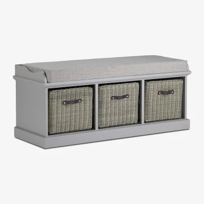 The Range Tetbury Large Bench with Strong Rattan Baskets - Dove Grey