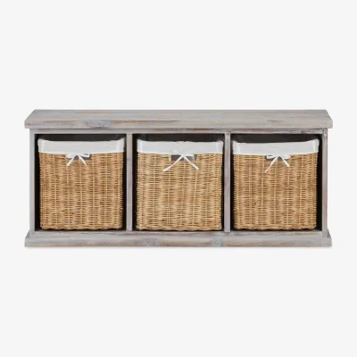 The Range Tetbury Acacia Bench with Storage Baskets - Grey-Wash Acacia / 112cm