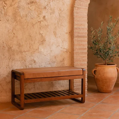 The Range Spoleto Mango Wood Hallway Bench with Buffalo Leather Seat Chestnut stained - Brown