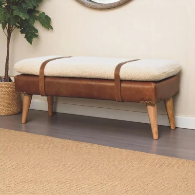The Range Solid Wood upholstered Leather Bench - Brown
